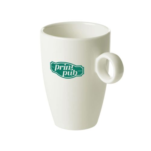 Bart-Becher 23 cl Porzellan mit grünem PrintPub-Logo auf der Vorderseite, einfarbig bedruckt.