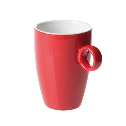 Rot-weißer Bart-Becher von 23 cl. aus Porzellan in Vorderansicht, mit glatter Oberfläche und gerader Ohrform.