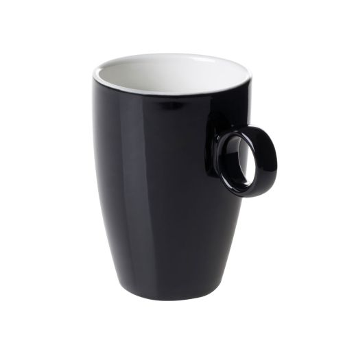Schwarz-weißer Bart-Becher von 23 cl. aus Porzellan in Vorderansicht, mit glatter Oberfläche und gerader Ohrform.