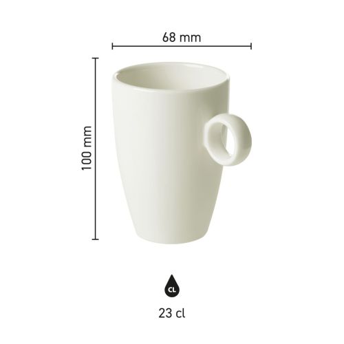 Infografik von Bart Becher 23 cl. Porzellan mit Angabe der Größen und Proportionen.