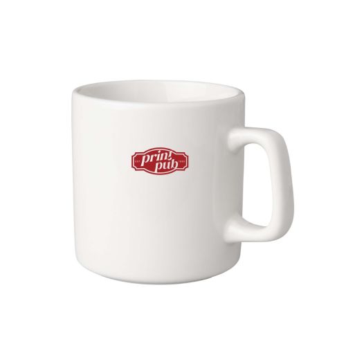 Budgetline Tasse 20 cl Brabant aus weißem Porzellan mit einfarbig gedrucktem PrintPub-Logo auf der Vorderseite.