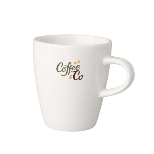 Budgetline Cup 20 cl Neo aus Porzellan mit mehrfarbig gedrucktem CoffeeCo-Logo auf der Vorderseite.