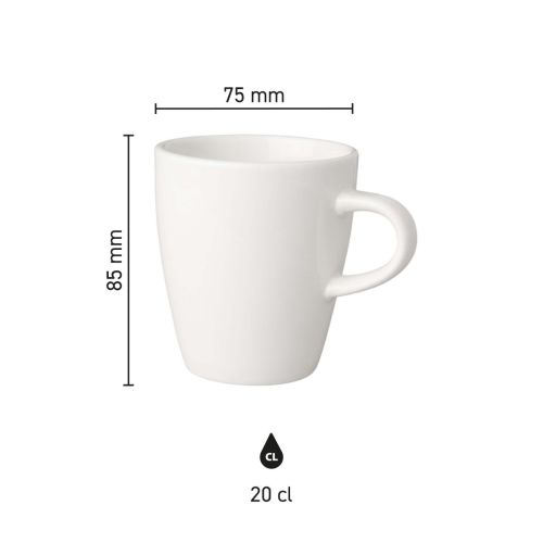 Infografik mit den Abmessungen der weißen Porzellantasse Budgetline Neo von 20 cl.