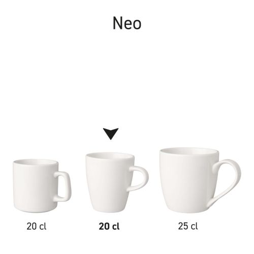 Tassenset aus weißem Porzellan Neo, das zur Produktübersicht in Serie präsentiert wird.