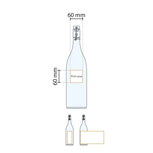Die technische Arbeitszeichnung zeigt die Druckfläche auf der runden Glas-Bügelflasche Giara 1 Liter.