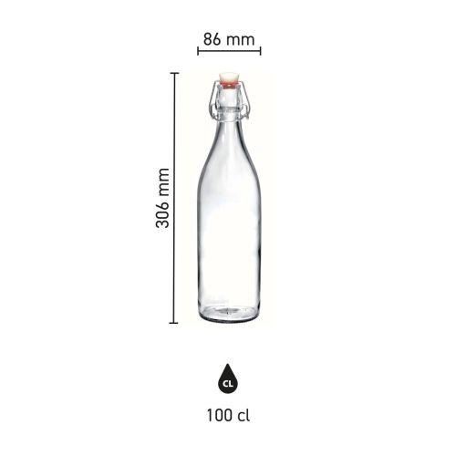Infografik mit den Abmessungen der runden Longline-Glasflasche Giara 1 Liter mit Bügelverschluss.