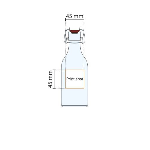 Technische Arbeitszeichnung der quadratischen Bügelflasche 0,25 Liter mit angegebener Druckfläche. Technische Arbeitszeichnung der quadratischen Bügelflasche 0,25 Liter mit angegebener Druckfläche.