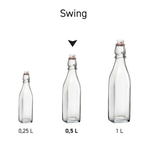Serie von 0,5-Liter-Glasflaschen Swing in Reihenanordnung, mit identischer Form und Bügelverschluss. Serie von 0,5-Liter-Glasflaschen Swing in Reihenanordnung, mit identischer Form und Bügelverschluss.