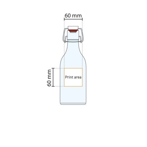 Technische Arbeitszeichnung mit Angabe der Druckfläche auf der Pendelflasche Swing square 1 Liter Glas. Technische Arbeitszeichnung mit Angabe der Druckfläche auf der Pendelflasche Swing square 1 Liter Glas.