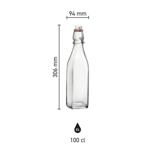 Die Infografik zeigt die Abmessungen der quadratischen Swing-Glasflasche 1 Liter mit Bügelverschluss. Die Infografik zeigt die Abmessungen der quadratischen Swing-Glasflasche 1 Liter mit Bügelverschluss.
