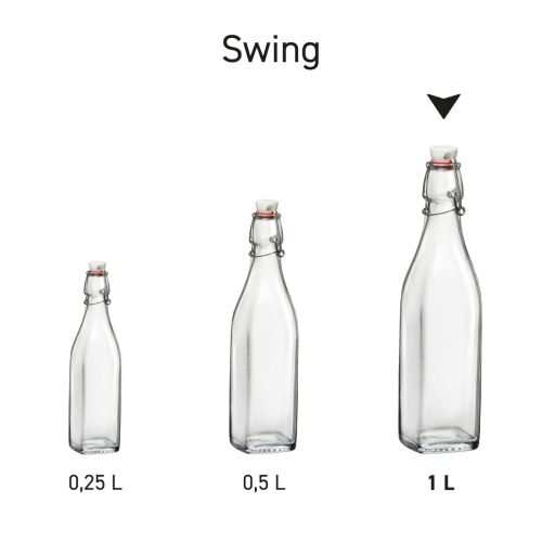 Reihe von Glasschwenkbügelflaschen Swing square als Serie zur Produktübersicht abgebildet. Reihe von Glasschwenkbügelflaschen Swing square als Serie zur Produktübersicht abgebildet.