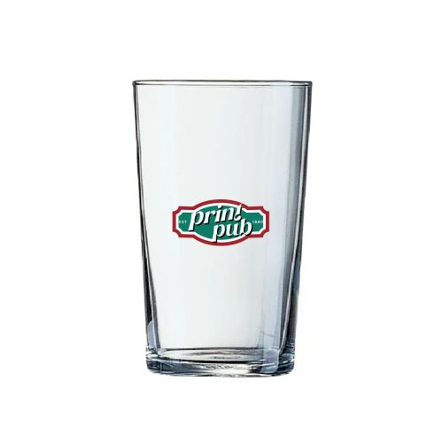 Bierglas Konisch 20 cl. mit mehrfarbigem PrintPub-Logo auf der Vorderseite.