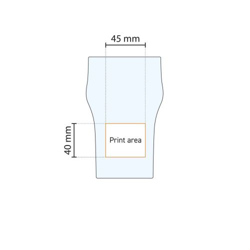 Angabe der verfügbaren Druckfläche auf dem 28 cl. Nonic-Glas in einer technischen Arbeitszeichnung. Angabe der verfügbaren Druckfläche auf dem 28 cl. Nonic-Glas in einer technischen Arbeitszeichnung.