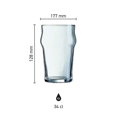 Infografik mit den Abmessungen des Arcoroc Nonic Bierglases 34 cl. einschließlich Durchmesser und Höhe.