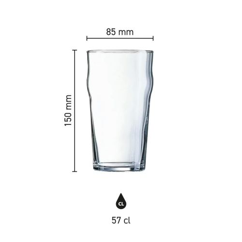 Infografik zur Höhe und zum Durchmesser des 57 cl Arcoroc Nonic Glases in der Produktübersicht.