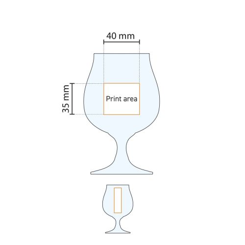 Arbeitszeichnung des Bierglases Breughel 38 cl, zeigt den Druckbereich auf der Glasoberfläche. Arbeitszeichnung des Bierglases Breughel 38 cl, zeigt den Druckbereich auf der Glasoberfläche.
