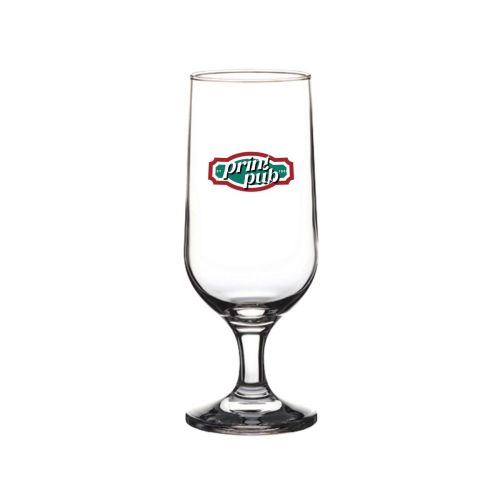 Vorderseite des Capri Bierglases 35 cl. bedruckt mit mehrfarbigem PrintPub-Logo auf der Glasoberfläche.