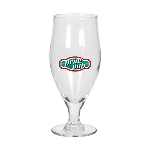 Vollfarbig gedrucktes PrintPub-Logo auf Cervoise-Bierglas 38 cl, klares Glas im Frontbild.