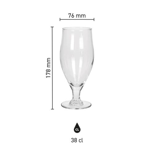 Infografik mit den Produktabmessungen des Bierglases Cervoise 38 cl, einschließlich Durchmesser und Höhe.