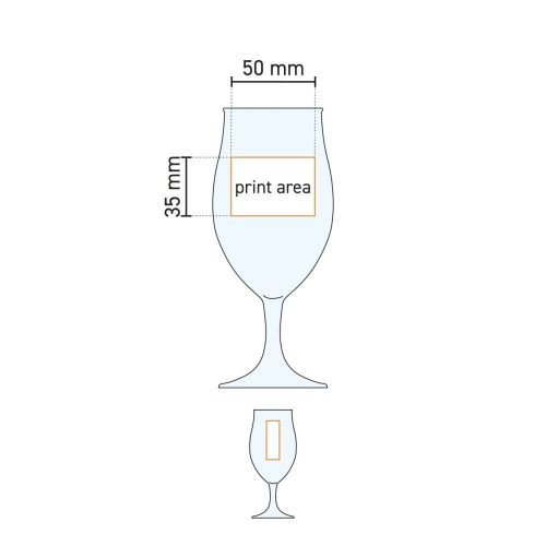 Technische Arbeitszeichnung des Beer Glass Executive 26 cl. mit Markierung des möglichen Druckbereichs.