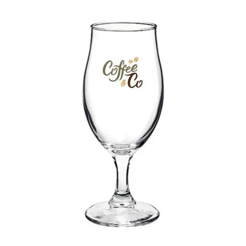 Mehrfarbig bedrucktes CoffeeCo Logo auf einem 38 cl Executive Bierglas, sichtbar auf der Vorderseite.