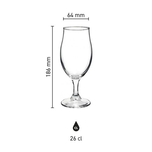 Infografik mit den Abmessungen des Executive Bierglases 38 cl, einschließlich Höhe und Durchmesser.