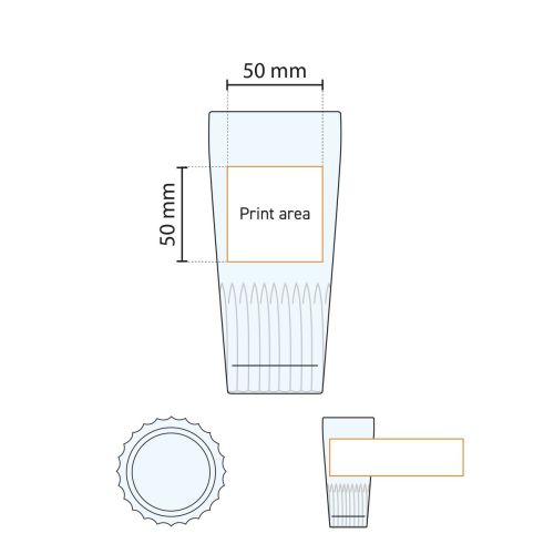 Technische Arbeitszeichnung des Bierglas Gaetan 40 cl. mit Angabe der Druckfläche.