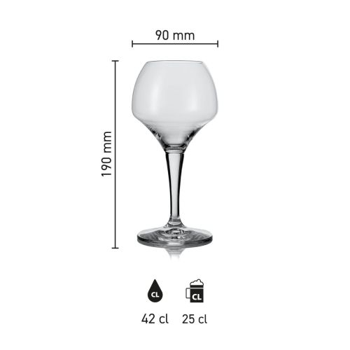 Abbildung mit den Abmessungen des Bierglases Norbert 42 cl, mit Hervorhebung von Volumen und Höhe.