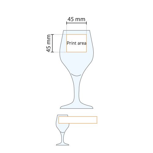Die technische Arbeitszeichnung zeigt den Druckbereich für die Personalisierung auf dem Degustationsglas Ronceva 25 cl. Die technische Arbeitszeichnung zeigt den Druckbereich für die Personalisierung auf dem Degustationsglas Ronceva 25 cl.