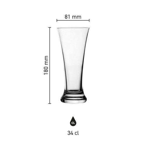 Die Maße des Tuborg-Bierglases 34 cl sind in einer Infografik mit Maßstab dargestellt.