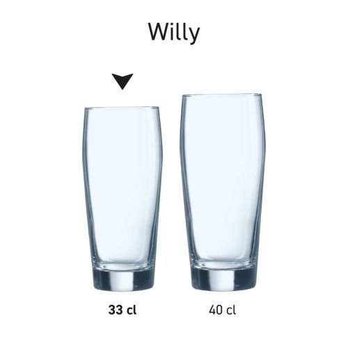 Übersicht über die Willy-Gläser in Serie, die als Gastlichkeitsglaslinie präsentiert werden. Übersicht über die Willy-Gläser in Serie, die als Gastlichkeitsglaslinie präsentiert werden.