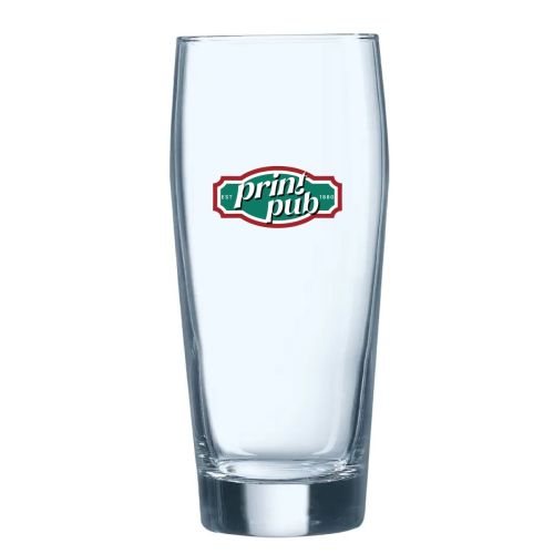 Vorderansicht des Bierglas Willy 40 cl. mit mehrfarbig gedrucktem PrintPub-Logo in mehreren Farben.