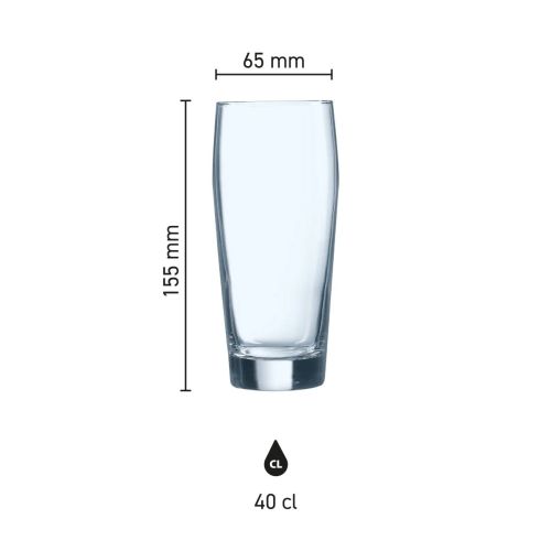 Die Maße des Bierglas Willy 40 cl. in einer Infografik mit Maßstab.