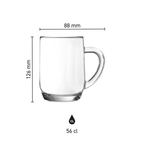 Infografik mit den technischen Abmessungen des Hayworth-Bierkrugs 56 cl, einschließlich Inhalt und Höhe.