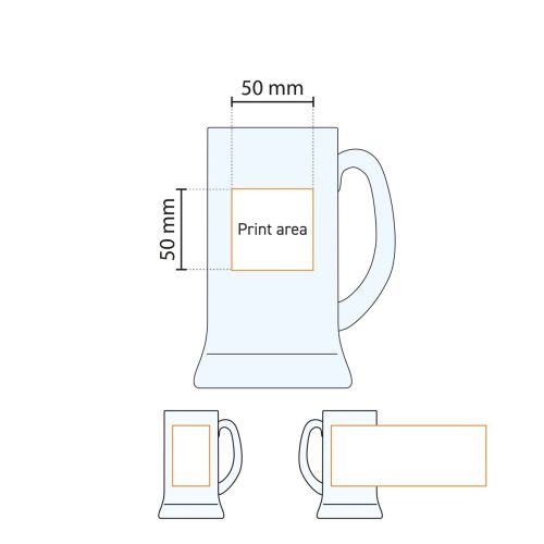 Technische Arbeitszeichnung des Druckbereichs auf dem Bierkrug Icon 50 cl. mit Zapfhahngröße.