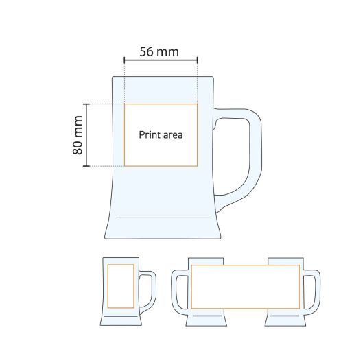 Technische Arbeitszeichnung des Bierkrugs Maxim 68 cl mit Angabe der Druckfläche für den Druck. Technische Arbeitszeichnung des Bierkrugs Maxim 68 cl mit Angabe der Druckfläche für den Druck.