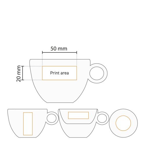 Technische Arbeitszeichnung der Porzellantasse Bola Cappuccino 20 cl mit markierter Druckfläche für das Logo.