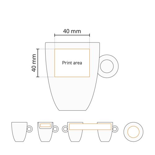 Druckbereich der Bola Cappuccino Tasse hoch weiß 25 cl. Porzellan sichtbar in der Arbeitszeichnung.