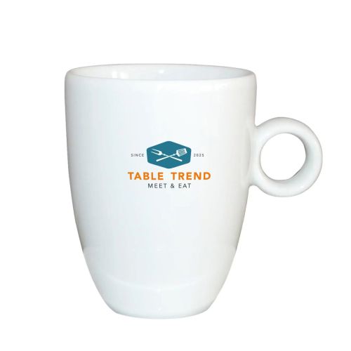 Bola Cappuccino weiß set 25 cl. mit mehrfarbigem TableTrend Logo, gedruckt auf Porzellan. Bola Cappuccino weiß set 25 cl. mit mehrfarbigem TableTrend Logo, gedruckt auf Porzellan.
