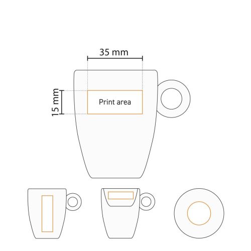Technische Arbeitszeichnung mit Druckfläche zum Bedrucken der Bola espresso 9 cl. Set. Technische Arbeitszeichnung mit Druckfläche zum Bedrucken der Bola espresso 9 cl. Set.