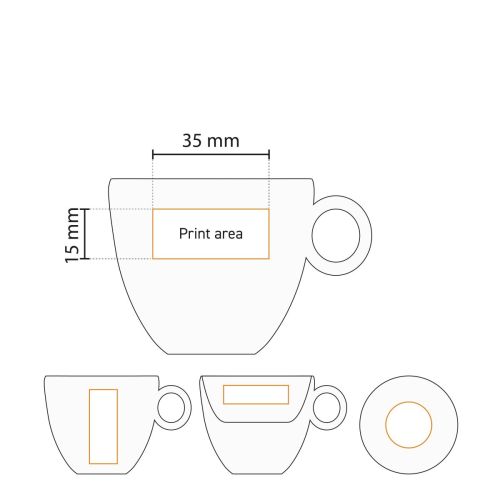 Technische Arbeitszeichnung mit Druckfläche auf der Vorderseite der Espressotasse Bola 8 cl aus weißem Porzellan.