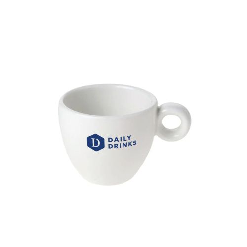 Bola Espressotasse 8 cl mit blauem Daily Drinks-Logo in einer Farbe auf der Vorderseite.