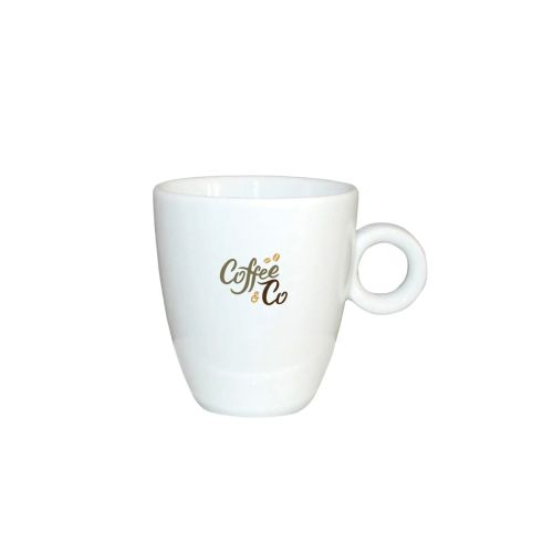 Porzellan-Espressotasse 9 cl. mit mehrfarbigem CoffeeCo-Logo auf der Vorderseite der Tasse. Porzellan-Espressotasse 9 cl. mit mehrfarbigem CoffeeCo-Logo auf der Vorderseite der Tasse.