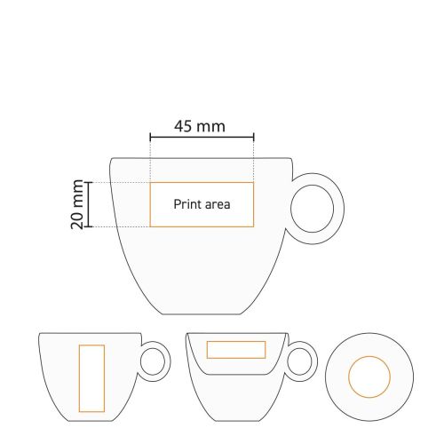 Technische Arbeitszeichnung mit Druckfläche auf Bola Kaffeetasse 15 cl. aus Porzellan. Technische Arbeitszeichnung mit Druckfläche auf Bola Kaffeetasse 15 cl. aus Porzellan.