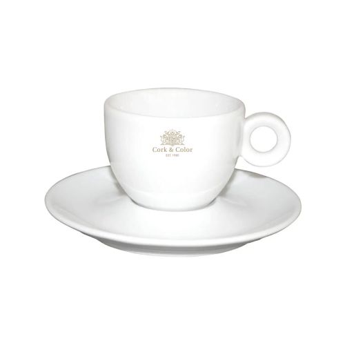 Bola Kaffee weiß 15 cl. Set mit einfarbigem CorkColor Logo auf der Vorderseite des Porzellans. Bola Kaffee weiß 15 cl. Set mit einfarbigem CorkColor Logo auf der Vorderseite des Porzellans.