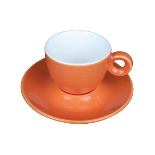 Vorderansicht von Bola Kaffee 15 cl. Set aus orange-weißem Porzellan, mit konvexer Form und glatter Oberfläche. Vorderansicht von Bola Kaffee 15 cl. Set aus orange-weißem Porzellan, mit konvexer Form und glatter Oberfläche.