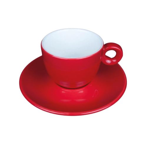 Vorderansicht von Bola Kaffee 15 cl. Set aus rot-weißem Porzellan, mit konvexer Form und glatter Oberfläche. Vorderansicht von Bola Kaffee 15 cl. Set aus rot-weißem Porzellan, mit konvexer Form und glatter Oberfläche.