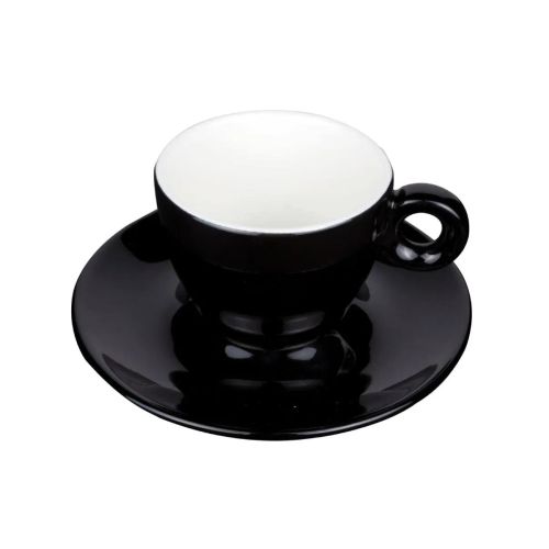 Vorderansicht von Bola Kaffee 15 cl. Set aus schwarz-weißem Porzellan, mit konvexer Form und glatter Oberfläche. Vorderansicht von Bola Kaffee 15 cl. Set aus schwarz-weißem Porzellan, mit konvexer Form und glatter Oberfläche.