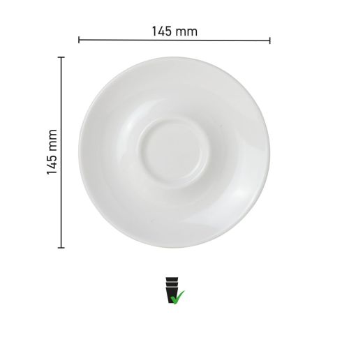 Infografik mit den Abmessungen der  Bola Kaffee Cappuccino Untertasse 14,5 cm, Durchmesser mittig.