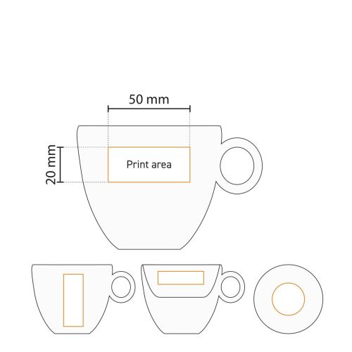 Druckfläche und Druckpositionen auf der Arbeitszeichnung des Kaffeebechers Bola 15 cl. Druckfläche und Druckpositionen auf der Arbeitszeichnung des Kaffeebechers Bola 15 cl.